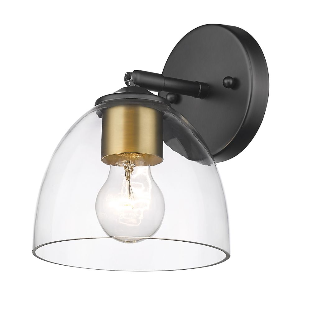 Golden Lighting 6958-1W BLK-BCB-CLR Roxie 1 Light Wall Sconce in Matte Black with Brushed Champagne Bronze and Clear Glass Shade